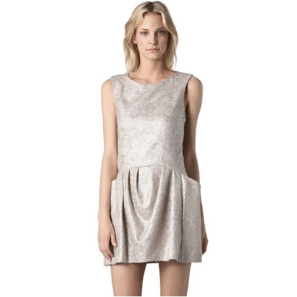 THEYSKENS’ THEORY SILVER TEXTURED‎ MINI DRESS SIDE POCKETS Small - Picture 1 of 12